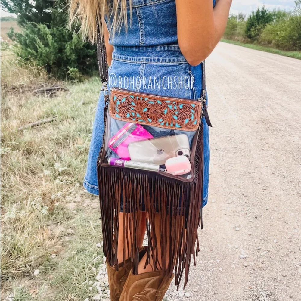 Boho Ranch - Western Tooled Leather Clear Crossbody Purse hand tooled concert - Picture 9 of 10